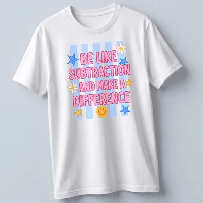 Colorful t-shirt with playful math teacher graphics and humorous text