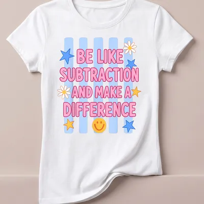 Colorful t-shirt with playful math teacher graphics and humorous text — printed on a women's shirt