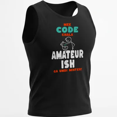Playful cartoon T-shirt showing a funny coding meme with colorful text. — printed on a tank top