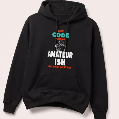 Playful cartoon T-shirt showing a funny coding meme with colorful text. — printed on a unisex hoodie
