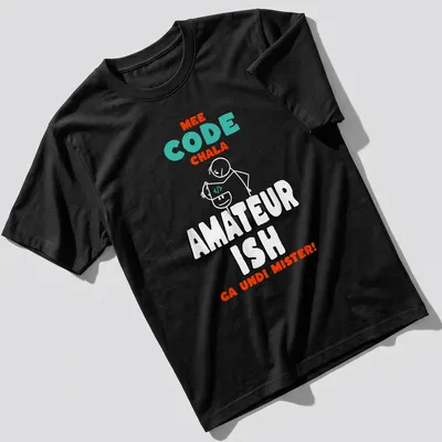 Playful cartoon T-shirt showing a funny coding meme with colorful text.
