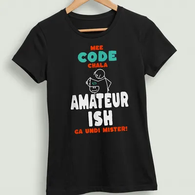 Playful cartoon T-shirt showing a funny coding meme with colorful text. — printed on a women's shirt