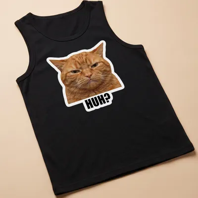 Illustration of a confused orange cat with the word 'HUH?' above it, in meme style. — printed on a tank top