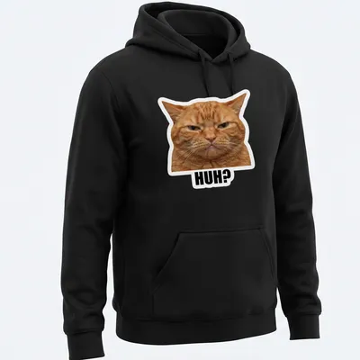 Illustration of a confused orange cat with the word 'HUH?' above it, in meme style. — printed on a unisex hoodie