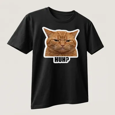 Illustration of a confused orange cat with the word 'HUH?' above it, in meme style. — printed on a unisex t-shirt (angled view)