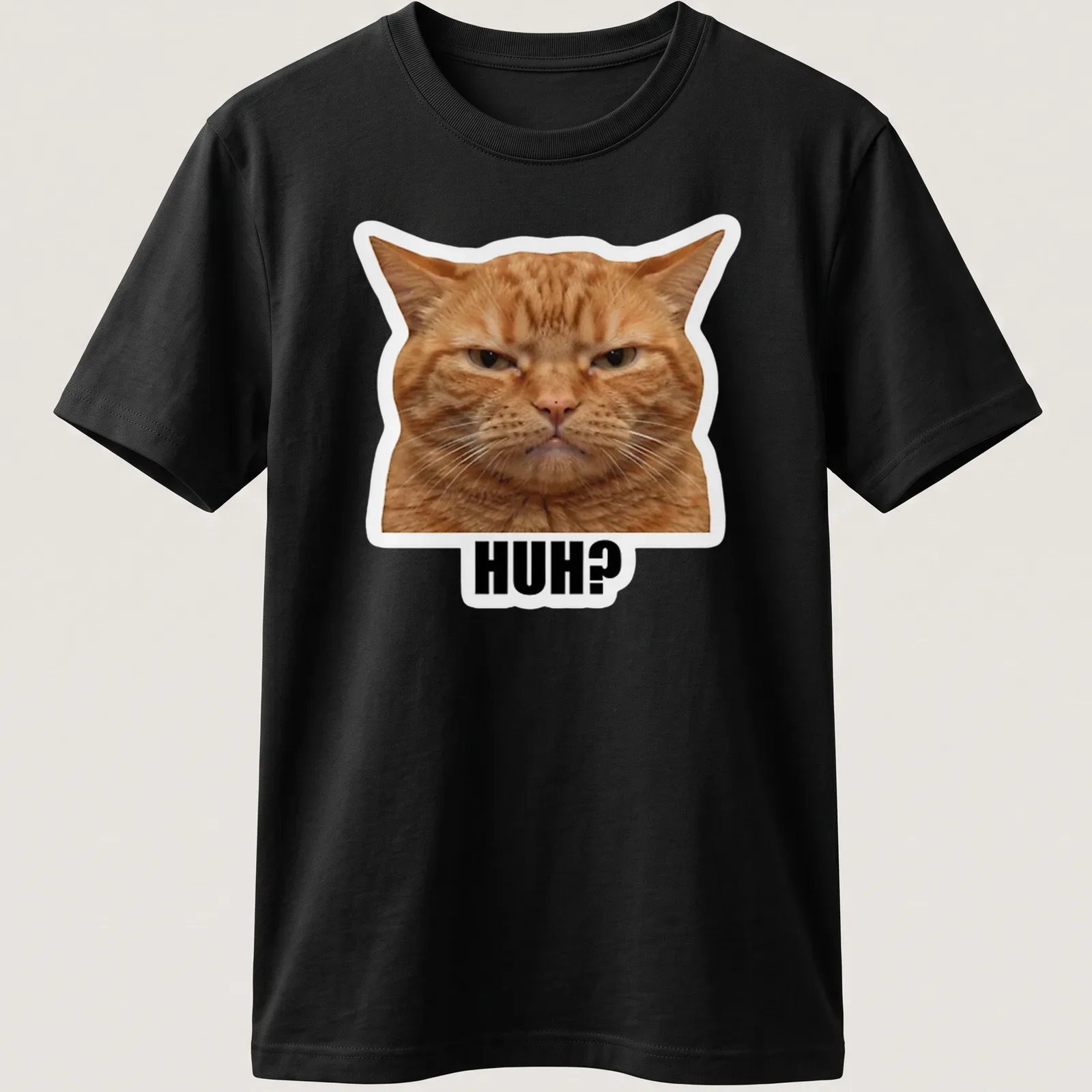 Illustration of a confused orange cat with the word 'HUH?' above it, in meme style. — printed on a unisex t-shirt