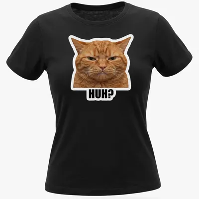 Illustration of a confused orange cat with the word 'HUH?' above it, in meme style. — printed on a women's shirt