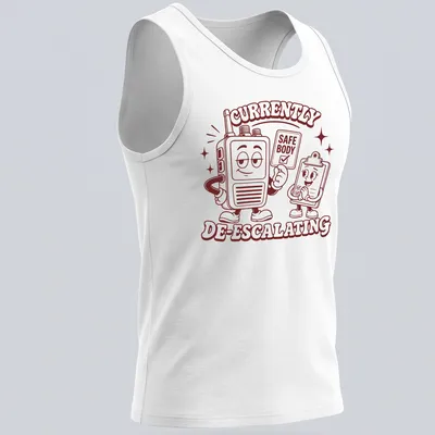 Funny retro shirt with cartoon walkie-talkie and clipboard character — printed on a tank top
