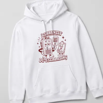Funny retro shirt with cartoon walkie-talkie and clipboard character — printed on a unisex hoodie