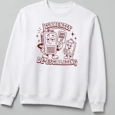 Funny retro shirt with cartoon walkie-talkie and clipboard character — printed on a unisex sweatshirt
