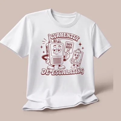 Funny retro shirt with cartoon walkie-talkie and clipboard character — printed on a unisex t-shirt (angled view)