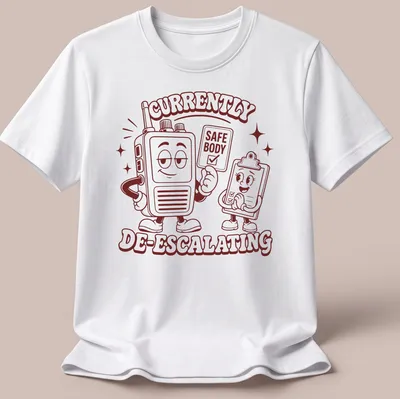 Funny retro shirt with cartoon walkie-talkie and clipboard character