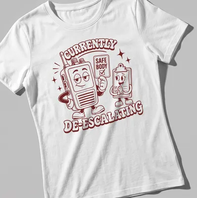 Funny retro shirt with cartoon walkie-talkie and clipboard character — printed on a women's shirt