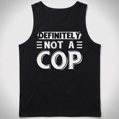Bold typography shirt stating 'DEFINITELY NOT A COP' in black and white — printed on a tank top