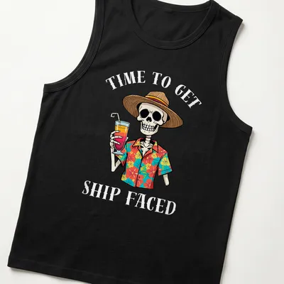 Cartoon skeleton in beach attire with a drink and colorful text about vacation. — printed on a tank top