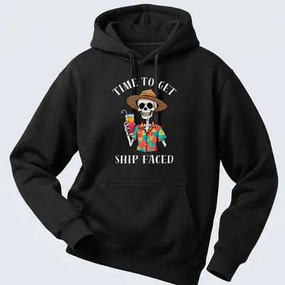 Cartoon skeleton in beach attire with a drink and colorful text about vacation. — printed on a unisex hoodie