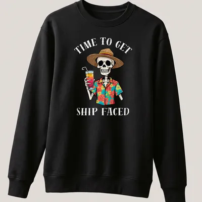 Cartoon skeleton in beach attire with a drink and colorful text about vacation. — printed on a unisex sweatshirt