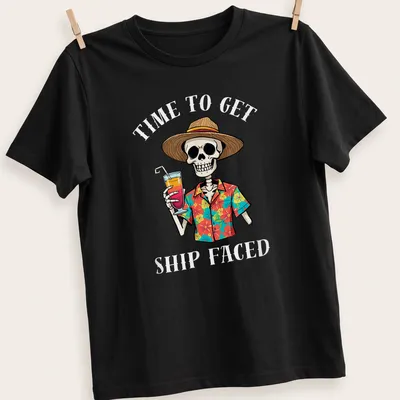 Cartoon skeleton in beach attire with a drink and colorful text about vacation.