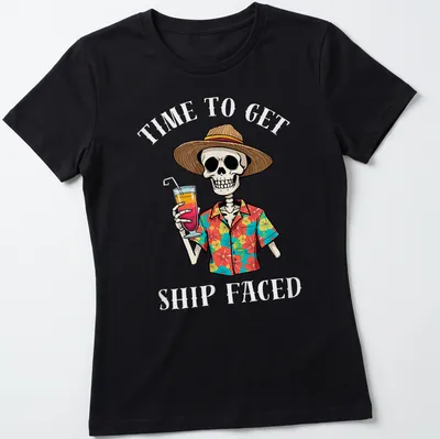 Cartoon skeleton in beach attire with a drink and colorful text about vacation. — printed on a women's shirt