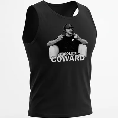 Black and white t-shirt featuring the text Absolute Coward with a sports commentator graphic — printed on a tank top