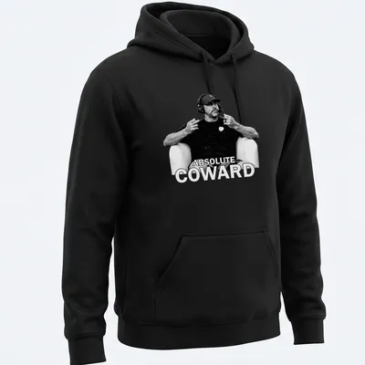 Black and white t-shirt featuring the text Absolute Coward with a sports commentator graphic — printed on a unisex hoodie