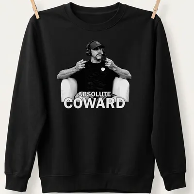 Black and white t-shirt featuring the text Absolute Coward with a sports commentator graphic — printed on a unisex sweatshirt