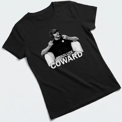 Black and white t-shirt featuring the text Absolute Coward with a sports commentator graphic — printed on a women's shirt