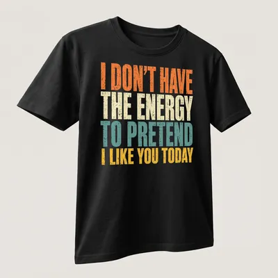 Bold distressed tee with humorous text about social energy levels — printed on a unisex t-shirt (angled view)