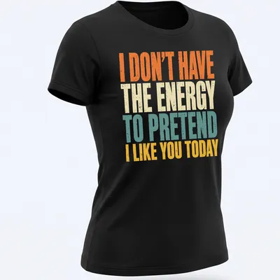 Bold distressed tee with humorous text about social energy levels — printed on a women's shirt