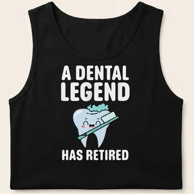 Cartoon tooth with text about dental retirement in light blue and pink — printed on a tank top