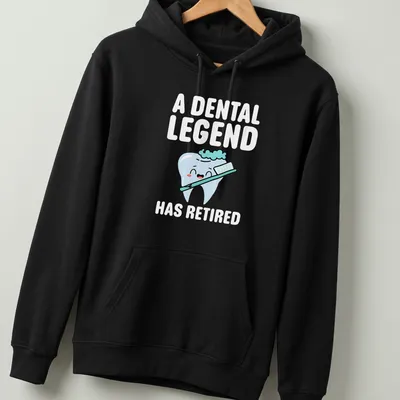 Cartoon tooth with text about dental retirement in light blue and pink — printed on a unisex hoodie