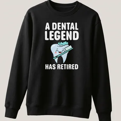 Cartoon tooth with text about dental retirement in light blue and pink — printed on a unisex sweatshirt