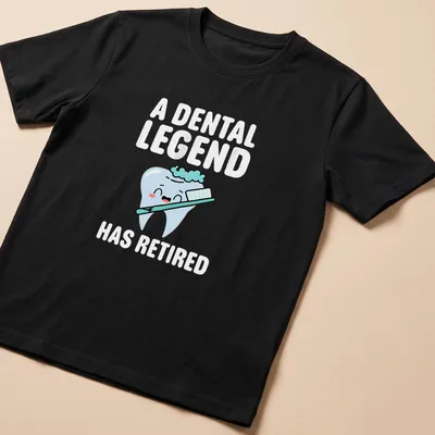 Cartoon tooth with text about dental retirement in light blue and pink — printed on a unisex t-shirt