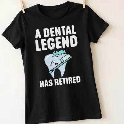 Cartoon tooth with text about dental retirement in light blue and pink — printed on a women's shirt