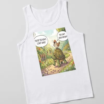Cartoon t-shirt featuring a turtle and bird exchanging humorous dialogue in bright colors. — printed on a tank top
