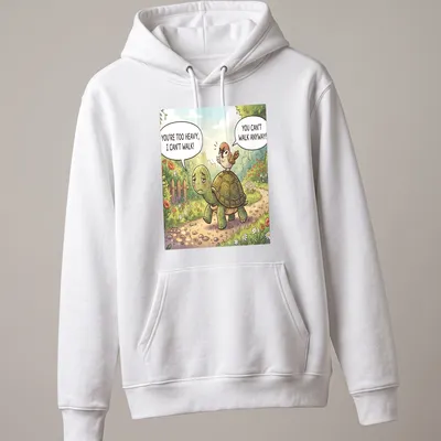 Cartoon t-shirt featuring a turtle and bird exchanging humorous dialogue in bright colors. — printed on a unisex hoodie