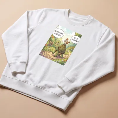 Cartoon t-shirt featuring a turtle and bird exchanging humorous dialogue in bright colors. — printed on a unisex sweatshirt