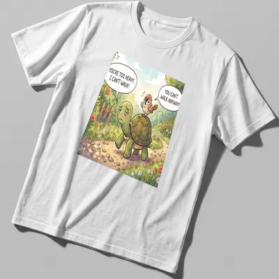 Cartoon t-shirt featuring a turtle and bird exchanging humorous dialogue in bright colors. — printed on a unisex t-shirt
