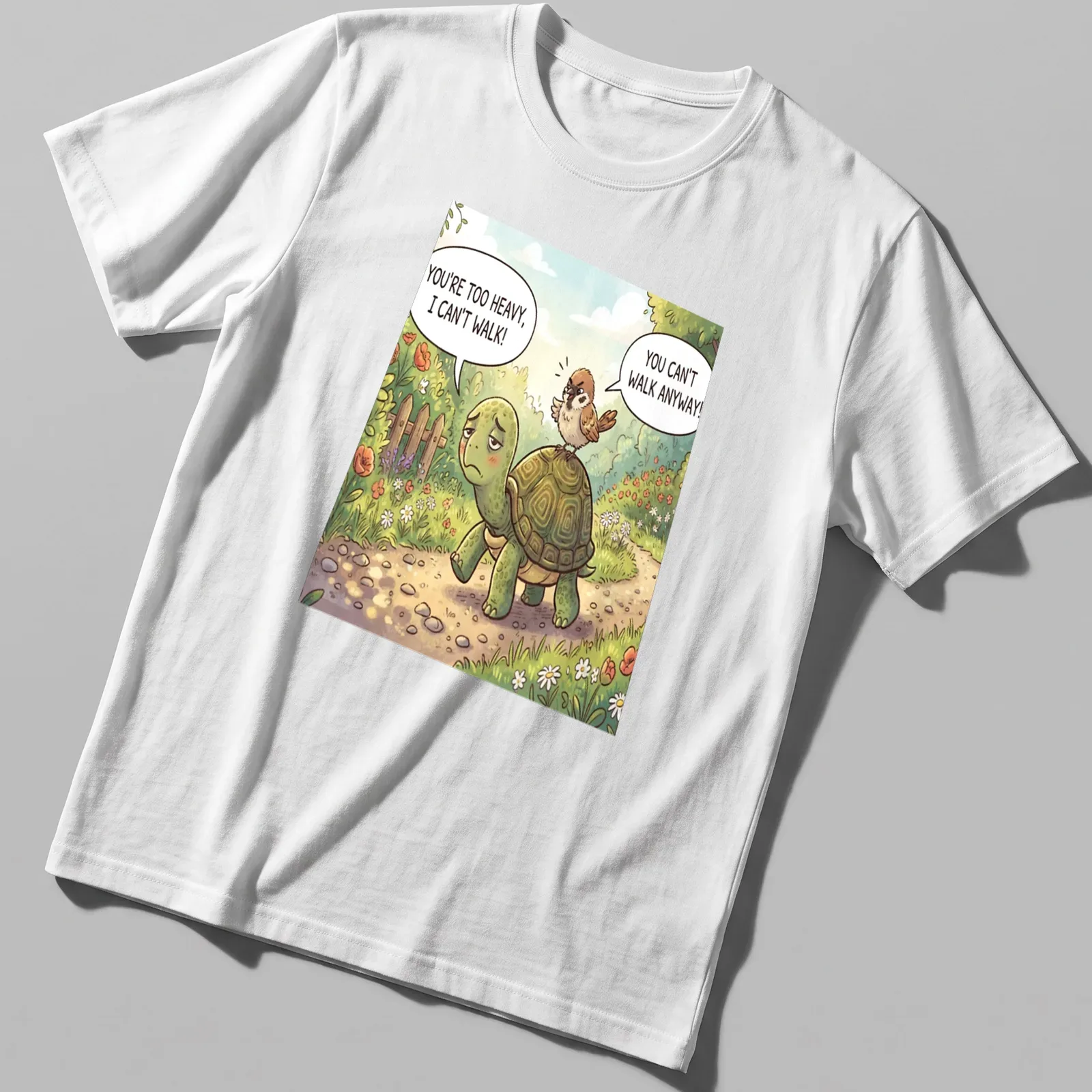 Cartoon t-shirt featuring a turtle and bird exchanging humorous dialogue in bright colors. — printed on a unisex t-shirt
