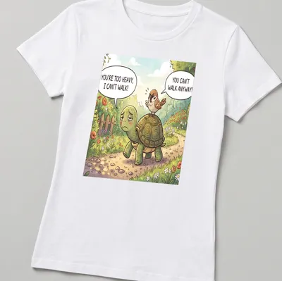 Cartoon t-shirt featuring a turtle and bird exchanging humorous dialogue in bright colors. — printed on a women's shirt