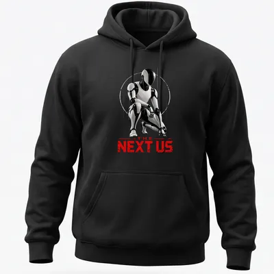 Silhouette of a futuristic humanoid robot with bold text saying 'THE NEXT US' in black, white, and red. — printed on a unisex hoodie
