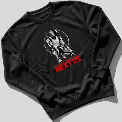 Silhouette of a futuristic humanoid robot with bold text saying 'THE NEXT US' in black, white, and red. — printed on a unisex sweatshirt