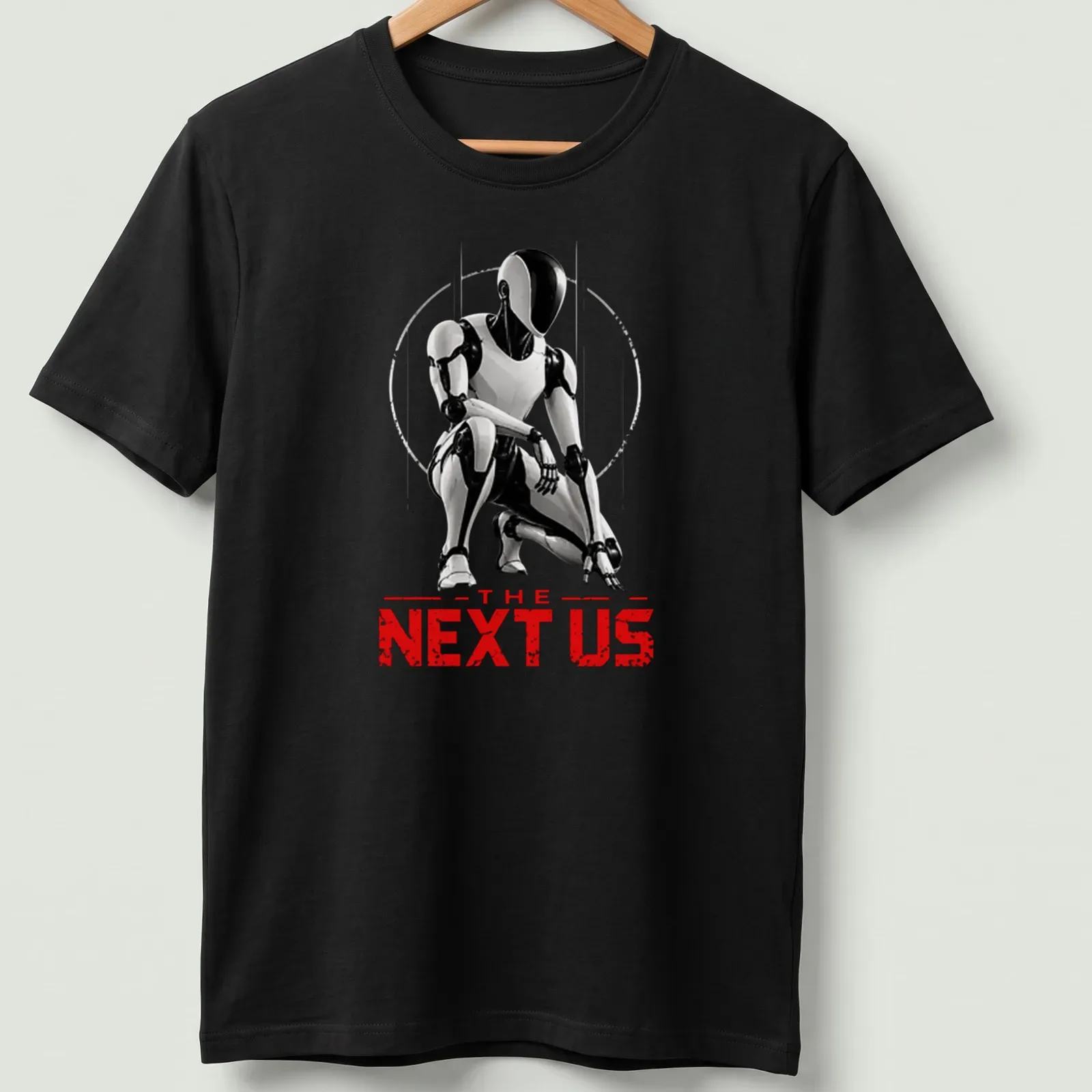 Silhouette of a futuristic humanoid robot with bold text saying 'THE NEXT US' in black, white, and red. — printed on a unisex t-shirt