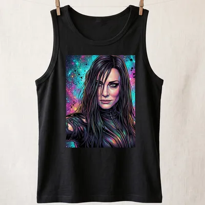 Vibrant comic book design featuring a female character with long hair in space colors — printed on a tank top