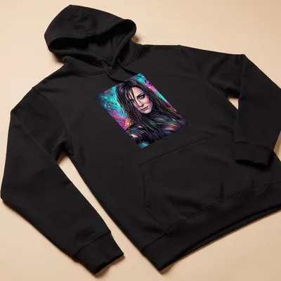 Vibrant comic book design featuring a female character with long hair in space colors — printed on a unisex hoodie