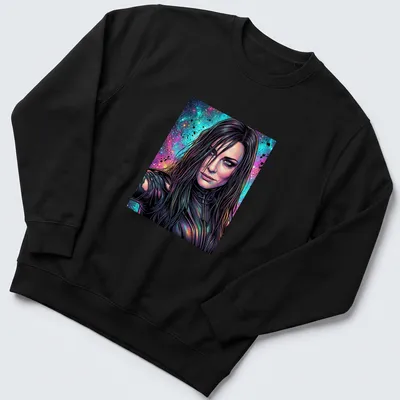 Vibrant comic book design featuring a female character with long hair in space colors — printed on a unisex sweatshirt