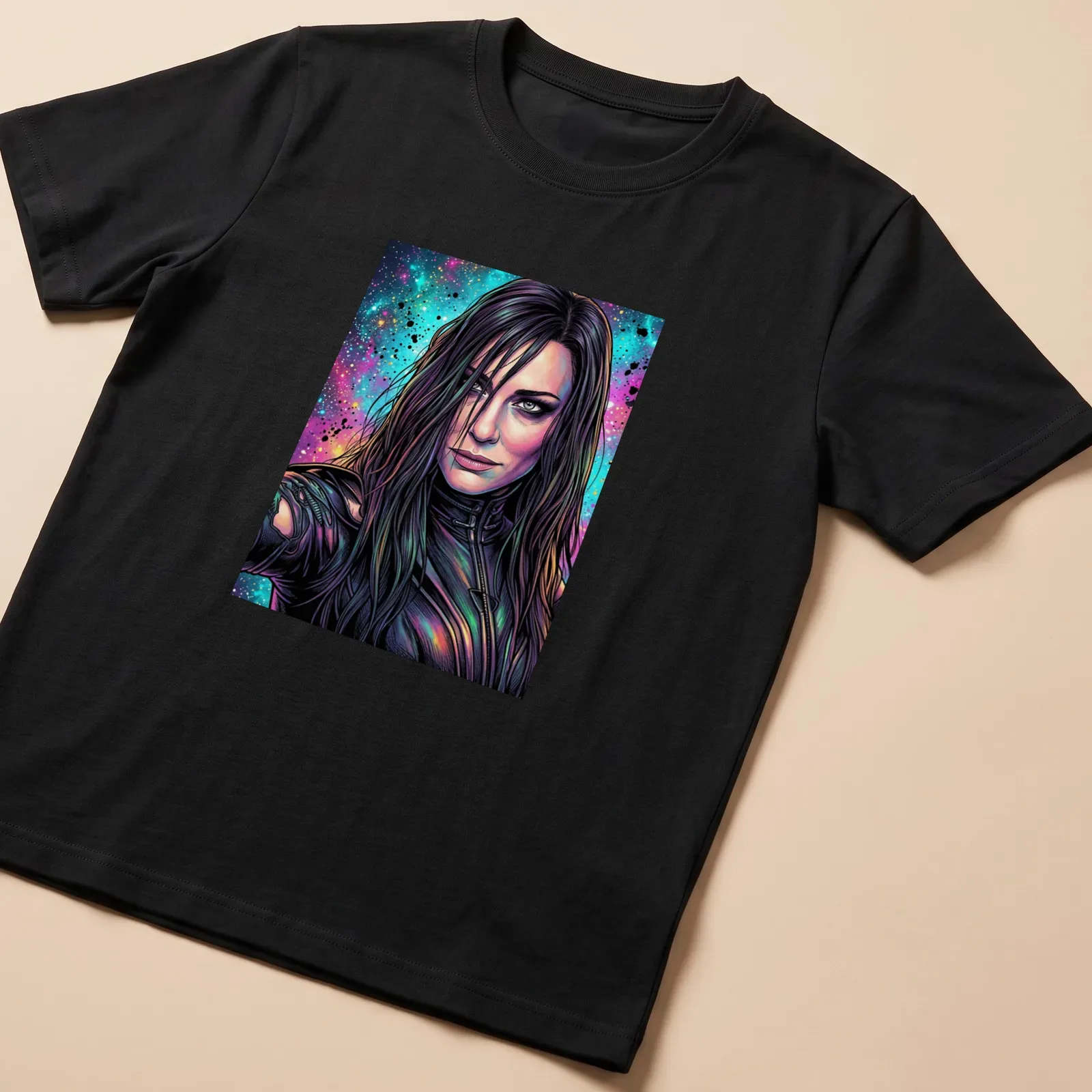 Vibrant comic book design featuring a female character with long hair in space colors — printed on a unisex t-shirt