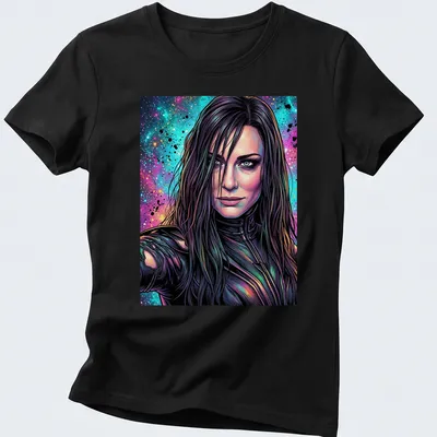 Vibrant comic book design featuring a female character with long hair in space colors — printed on a women's shirt