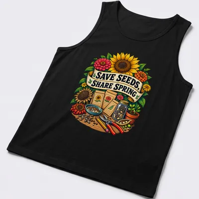 Vibrant botanical illustration with garden tools and seeds, featuring the text Save Seeds, Share Spring — printed on a tank top