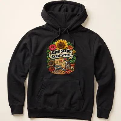 Vibrant botanical illustration with garden tools and seeds, featuring the text Save Seeds, Share Spring — printed on a unisex hoodie